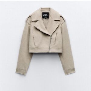 Zara Small S Felt Textured Crop Biker Jacket tan beige Women’s NWT